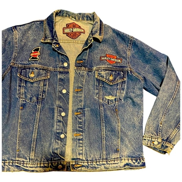 VNTG HARLEY DAVIDSON TRUCKER JACKET W/PATCHES & PINS MADE IN THE USA Acid washed - Picture 3 of 16